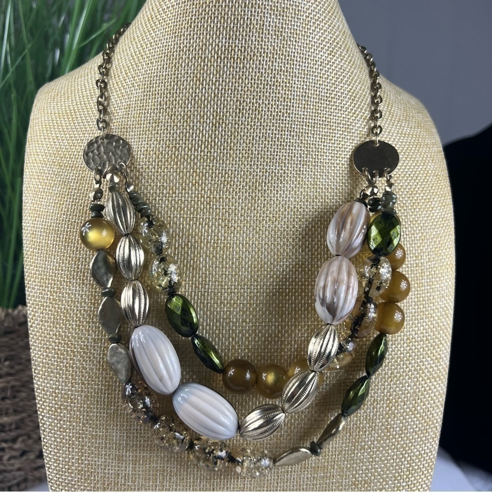 Chico's necklace vintage gold, amber, green, white and brown tones multi strand